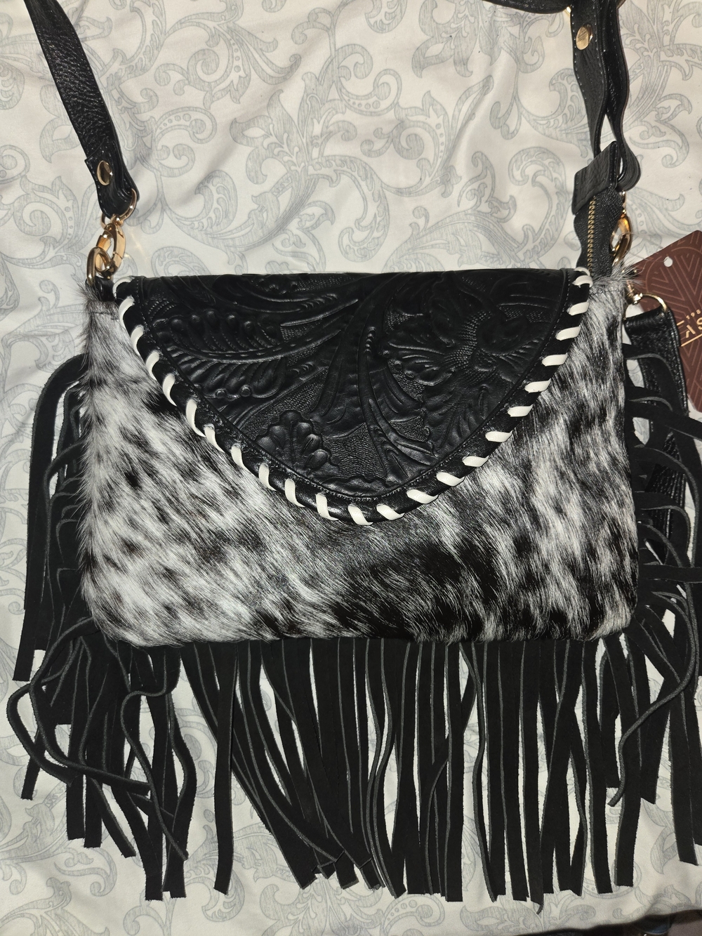Black and White Fringe Haircalf Crossbody Bag